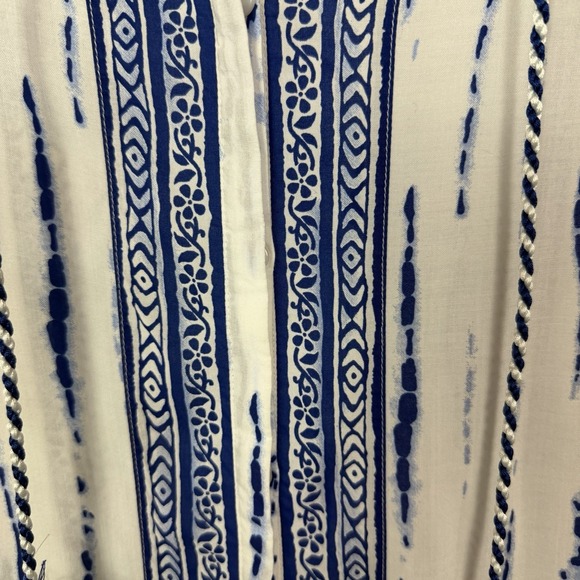 Chico's Button Up Top Blue Tie-Dye Crochet Tassel Neck Tie Sheer Boho Artsy XL - Picture 3 of 15